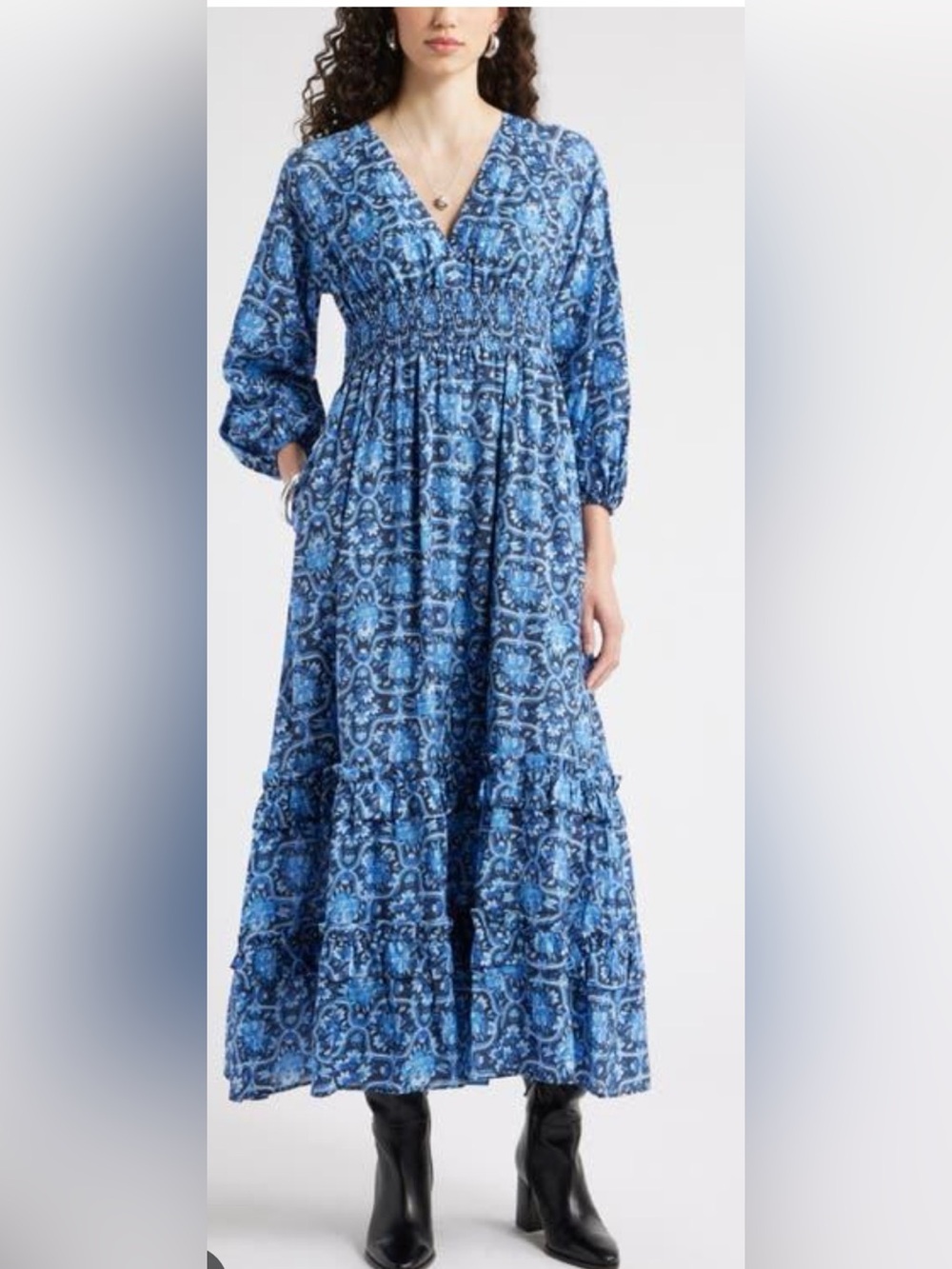 chelsea 28 Women's Blue Tiered Ruffle Long Sleeve Maxi Dress Size:M $99